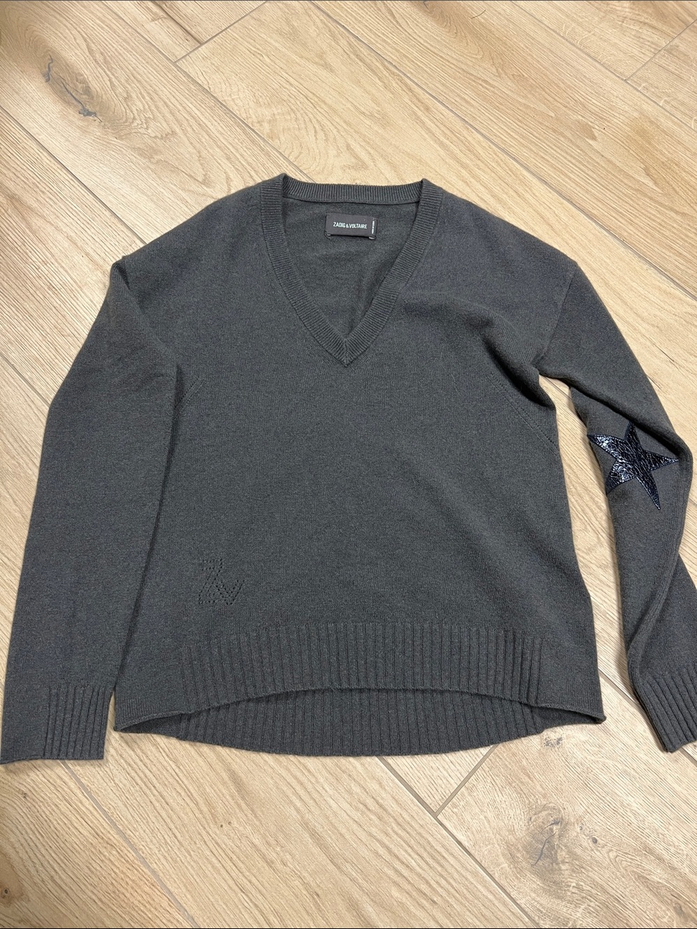 Zadig & Voltaire Charcoal V-Neck Sweater with Sequin Star Elbow